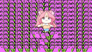 a girl in a blue dress is surrounded by a bunch of pink cats .