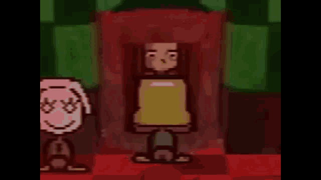 a cartoon character is standing next to another cartoon character in a room .