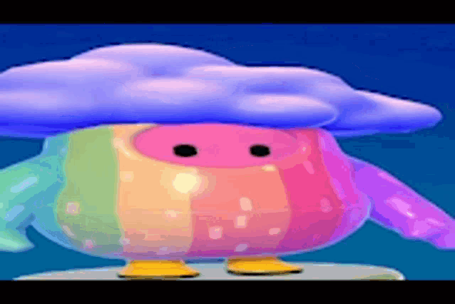 a rainbow colored cartoon character with a cloud on its head