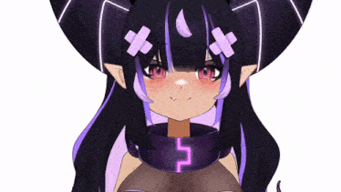 a drawing of a girl with purple hair and horns with the letter s on her chest