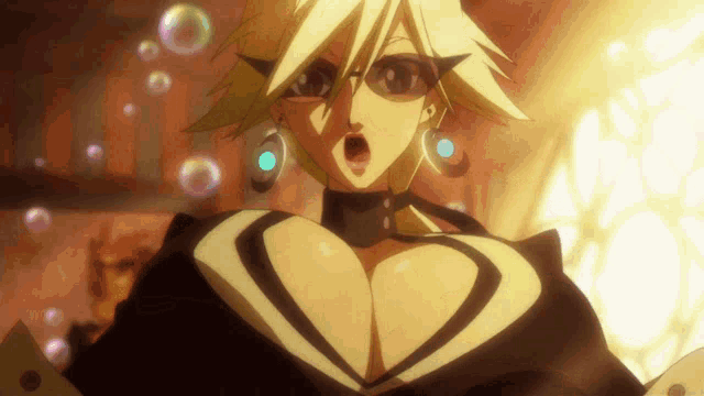 a cartoon character with huge breasts and a choker around her neck