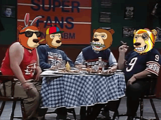 a group of bears are sitting at a table in front of a super fans sign