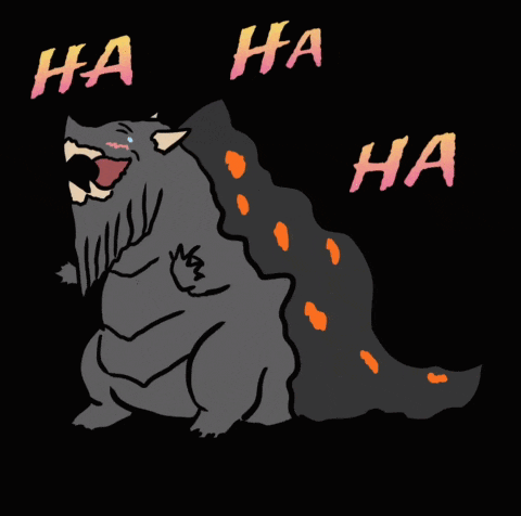 a cartoon drawing of a monster laughing with the words ha ha ha written above it