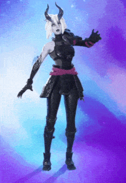 a video game character with horns and a tattoo on her arm