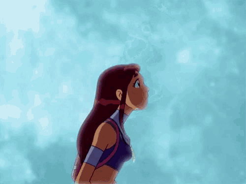 a cartoon girl is standing in front of a blue background looking up at the sky .
