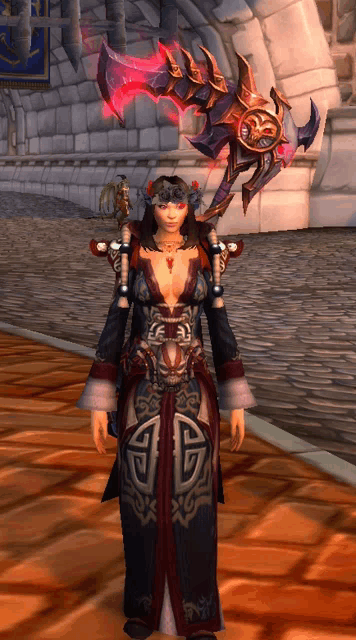 a woman in a video game is holding a sword and a shield