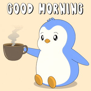 a penguin is holding a cup of coffee with the words good morning written above it