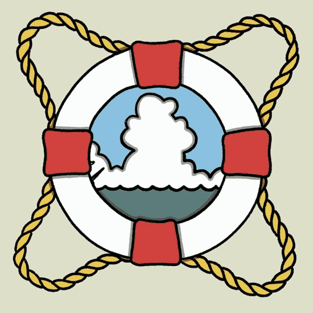 a life preserver is surrounded by a rope and has a cloud in the middle