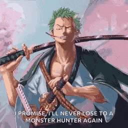 roronoa zoro from one piece is holding a sword and a sword in his hand .
