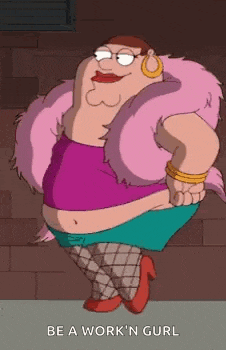 peter griffin from family guy is wearing a pink fur coat and earrings .