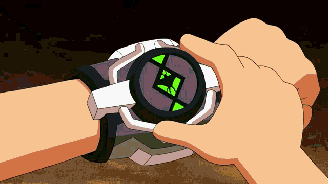 a cartoon drawing of a person using a watch with a green circle on it