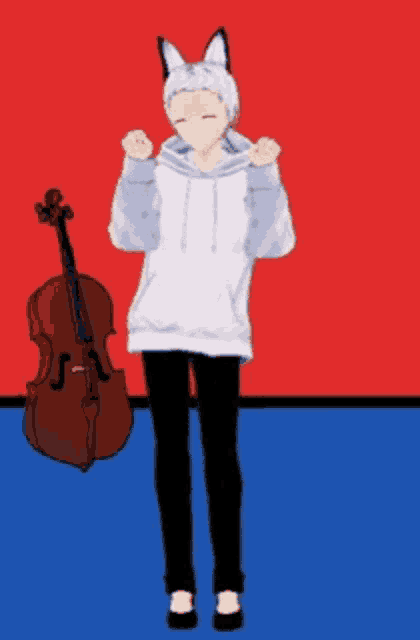 a person holding a violin with a red background