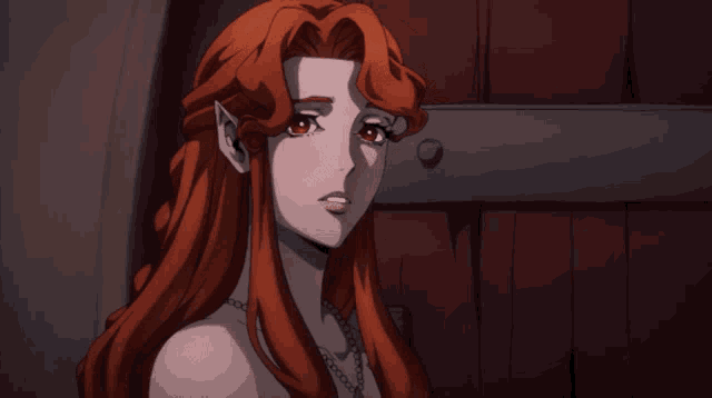 a naked woman with red hair and a necklace on her neck