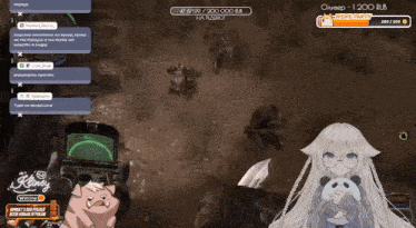 a girl with white hair is playing a video game with a pig and a panda