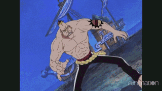 a man with a tattoo on his arm is standing in front of a ship in an anime scene from funimation