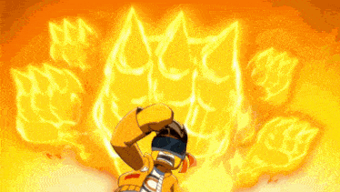 a cartoon character is holding a fist in the air with flames coming out of it