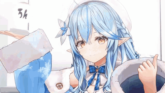 a blue haired anime girl is wearing a white hat and a blue coat