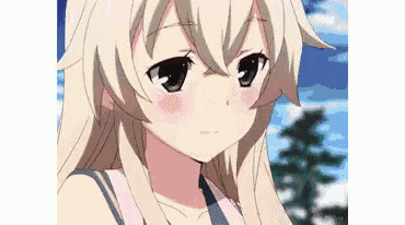 a close up of a anime girl with long blonde hair and black eyes looking at the camera .