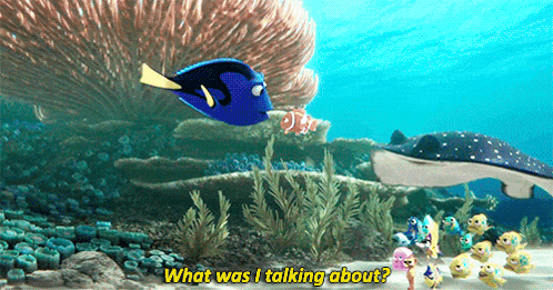 a scene from the movie finding dory with a stingray and a fish saying " what was i talking about ? "