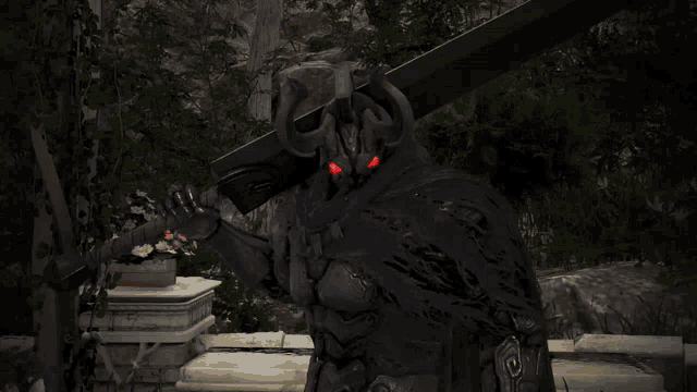 a knight with horns and red eyes holds a large sword