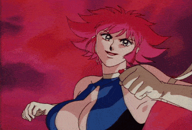 a cartoon character with pink hair and a fist in the air