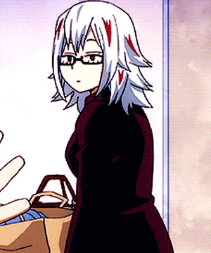 a girl with glasses is standing next to a person holding a bag