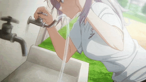 a girl drinking water from a faucet with the letter s on her chest