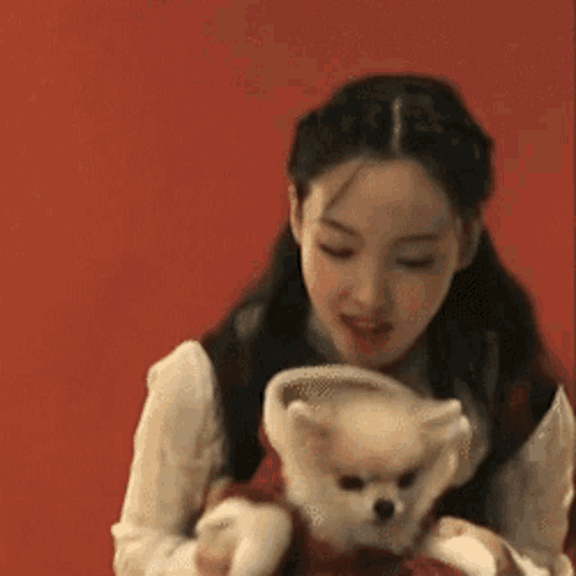 a woman holding a small dog in her arms