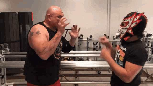a man wearing a mask with the letter n on it stands next to a bald man