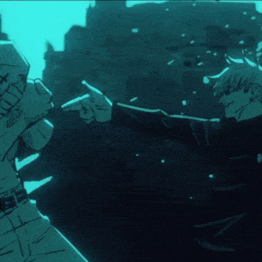 a drawing of two men pointing at each other with a blue background