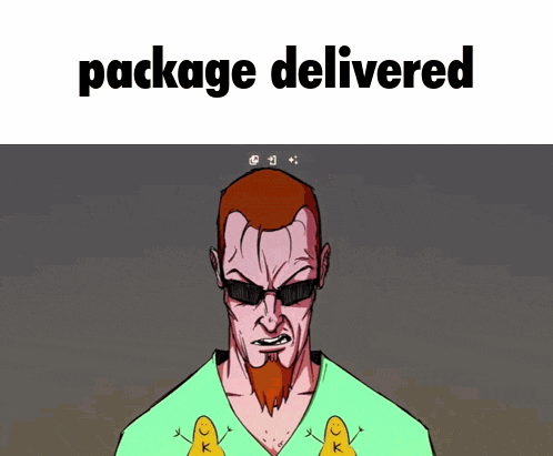 a cartoon of a man with sunglasses and the words package delivered
