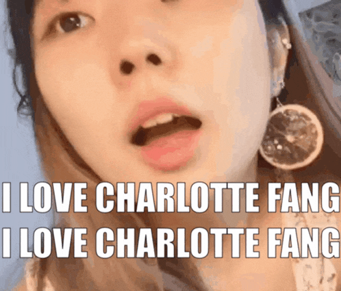 a close up of a woman 's face with the words " i love charlotte fang i love charlotte fang " above her
