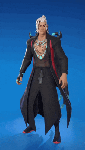 a man in a black and red outfit with a necklace around his neck is standing in front of a blue background