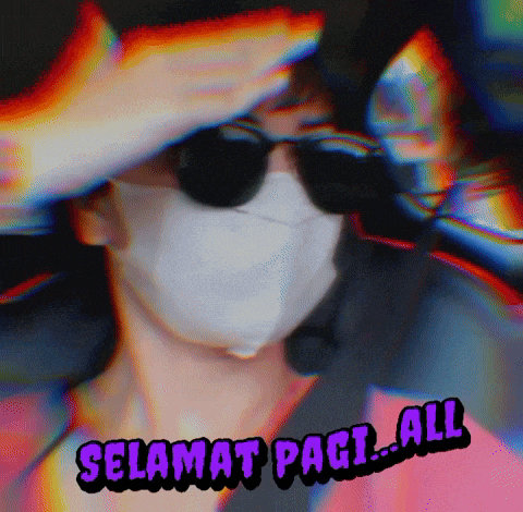 a person wearing sunglasses and a mask with the words selamat pagi all below them