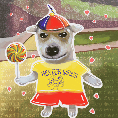 a dog wearing a yellow shirt that says hey der wives holds a lollipop