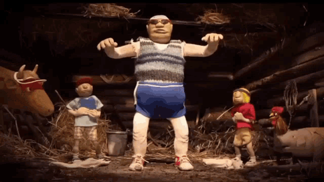a group of cartoon characters are standing in a barn with a rooster and a cow