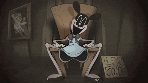 a cartoon character sits in a chair next to a sign that says 45 % 50.98