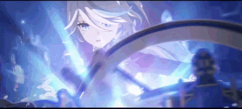 a girl with long hair and blue eyes is holding a sword in her hand .