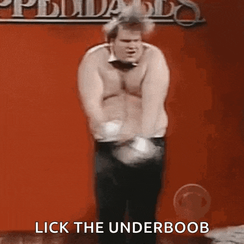 a man without a shirt is dancing with the words lick the underboob behind him