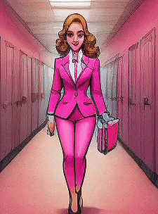 a cartoon drawing of a woman in a pink suit walking down a hallway