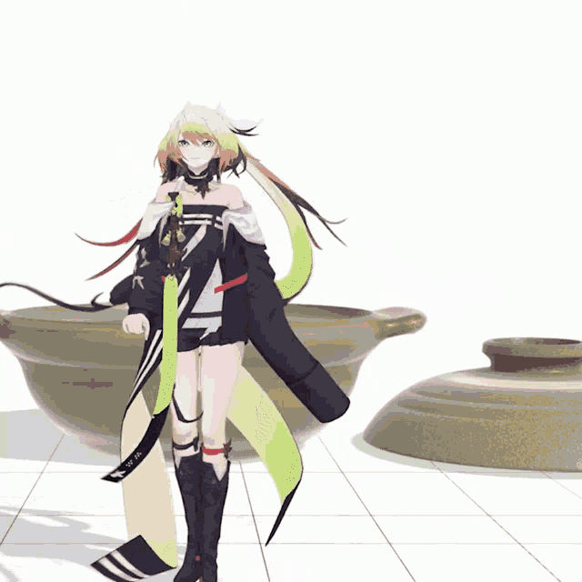 a 3d model of a girl dancing in front of a large pot
