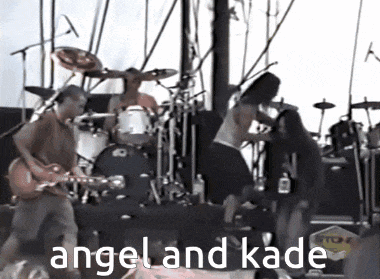 a man playing a guitar in front of a drum set with the words angel and kade below him
