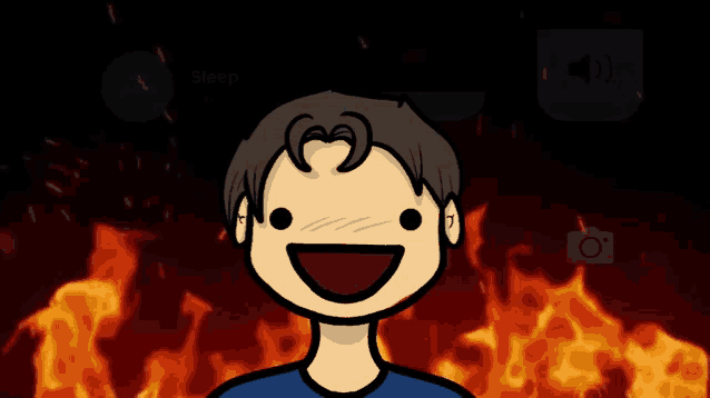 a cartoon of a man smiling in front of a fire with the word sleep on the bottom right