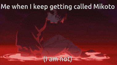 a cartoon of a man kneeling down with the words " me when i keep getting called mikota " below him