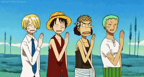 a group of anime characters are standing next to each other with their hands folded .