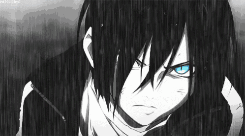 a black and white drawing of a boy with blue eyes .