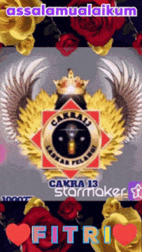 a picture of a cakra 13 starmaker logo with roses around it