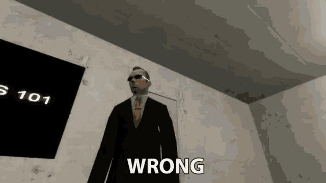 a man in a suit and tie is standing in front of a sign that says s101