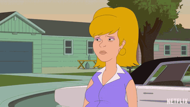 a cartoon of a woman standing next to a car that says netflix on the bottom