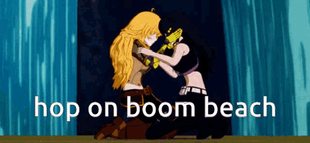 a picture of two anime girls with the words hop on boom beach below them